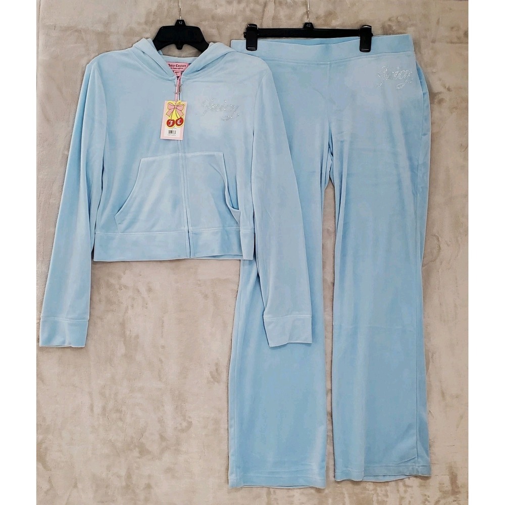 Juicy Couture Velour Tracksuit Set Size Large Frosted Blue Bling Pant Jacket NWT